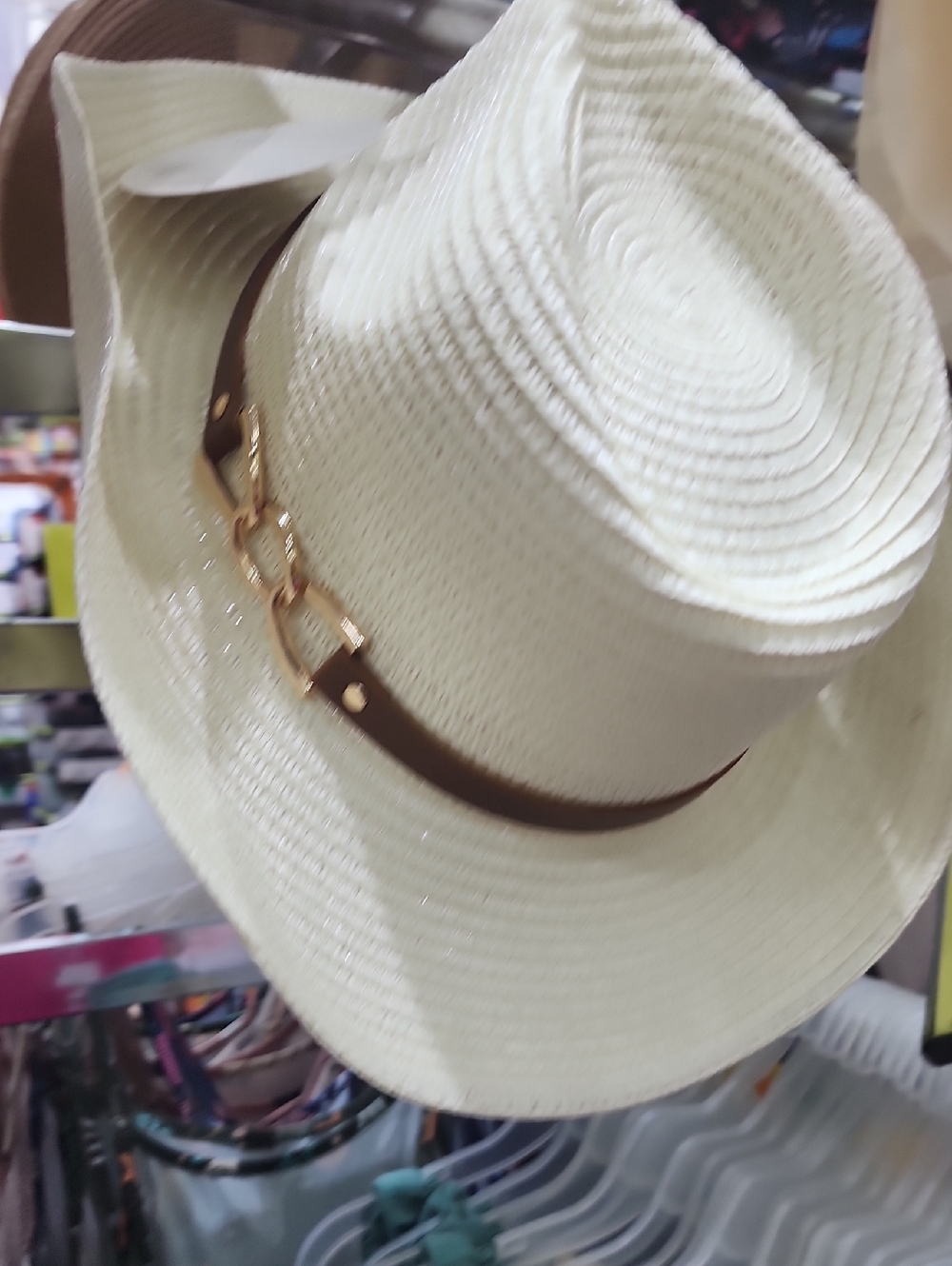 Straw Fedora Hat with Brown Leather Band - Women Accessories